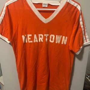 1970s vintage Orange V-Neck T-Shirt with White Stripes
